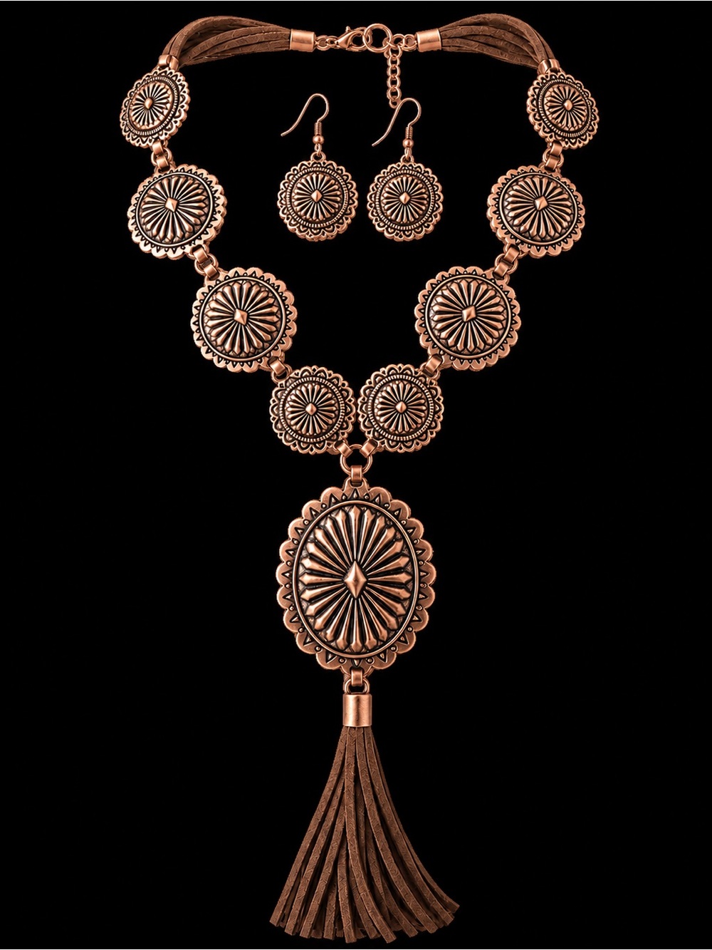Boho Copper-Tone Concho Necklace & Earring Set